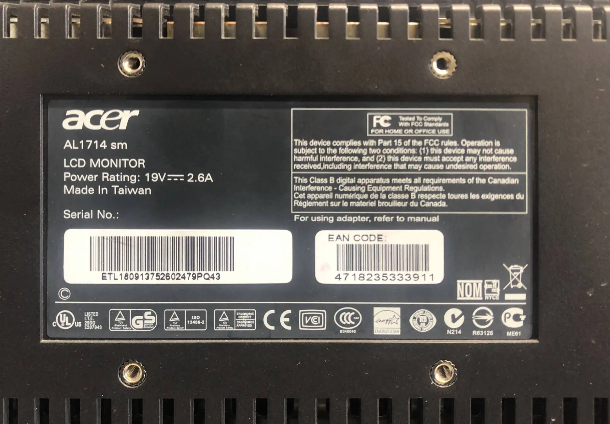 Monitor for computer Acer al1714 17\