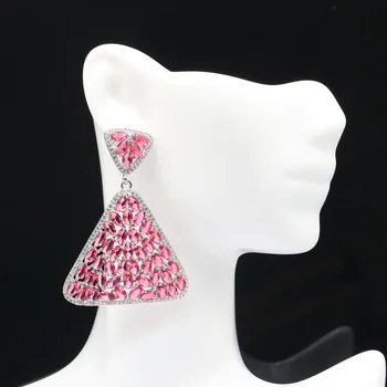 

54x38mm Awesome Super Big European Design Jewelry Created Trangle Pink Raspberry Rhodolite Garnet Women Silver Earrings Party