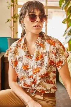 

Ola Women Palm Pattern Bat Viscose Shirt GML-19000614