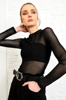 

Trend Alacati Style Women Black Bicycle Neck Lycra Tulle Blouse ALC-X3855