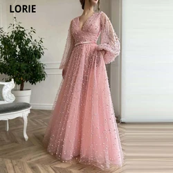 LORIE 2021 Elegant Baby Pink Tulle Full Pearls Evening Dresses Sheer Puff Long Sleeves V Neck Sexy Prom Dresses With Pockets
