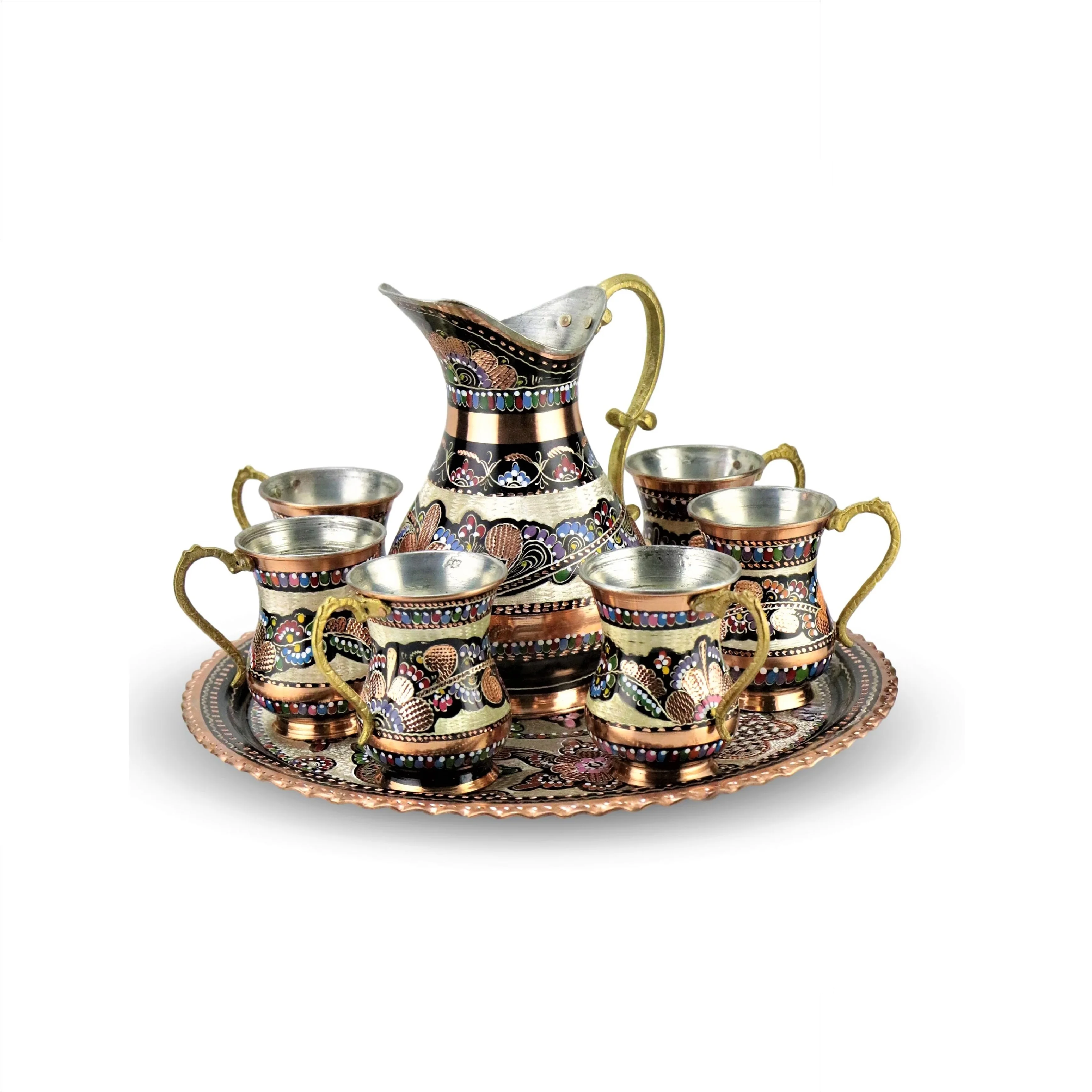 Copper Pitcher Set of 6 Water Pitcher Mug Large Cup Jug Set Copper Juice Carafe 2 L (70 fl) Handmade MADE IN TURKEY