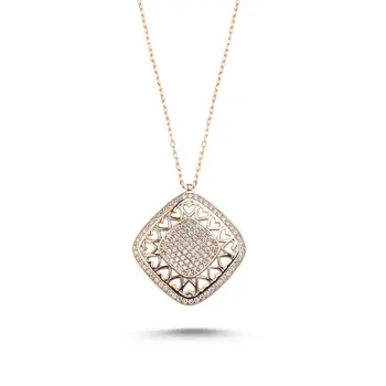 

Angemiel 925 Silver Zircon Stone Heart Square Necklace-Rose Gold Plated