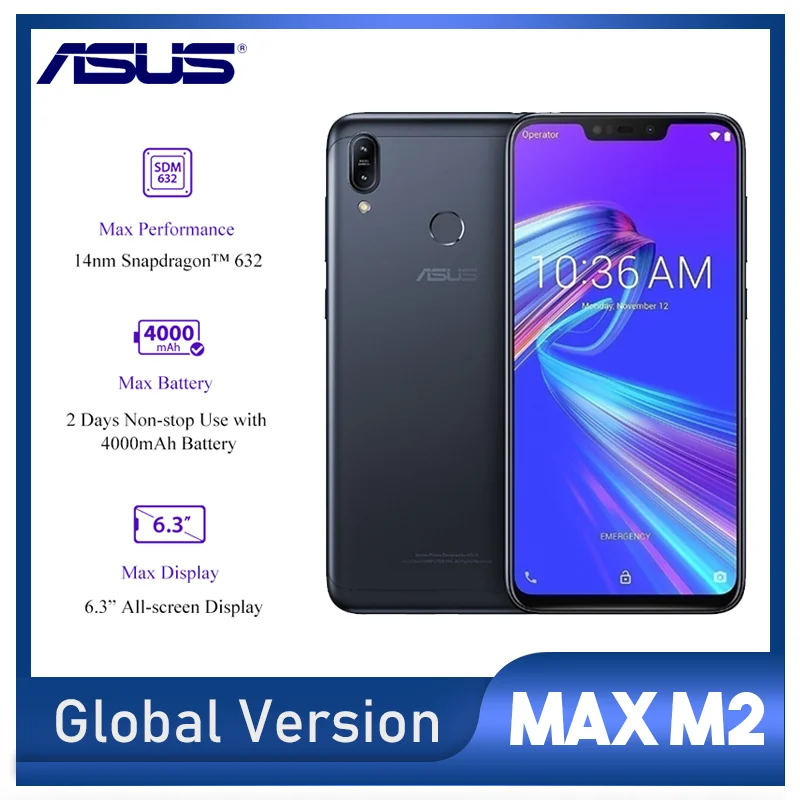 Глобальная версия сотового телефона Asus Zenfone Max M2 3 ГБ 32 Snapdragon 632 6 дюймовый