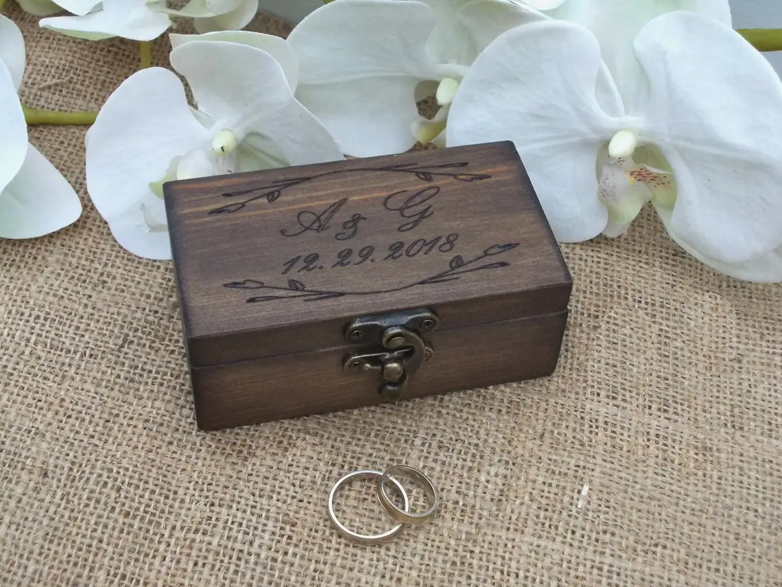 Rustic Ring Bearer Box Custom Groom & Bride Name Date Wooden Ring Boxes for Wedding Rings Holder Proposal Wedding Ring Holder