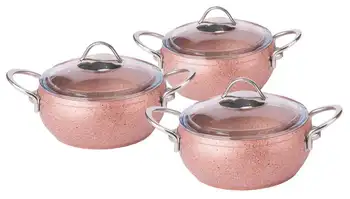 

Cookware Set 3 piece Granite Stew Pot Rose Gold Handle Made in Turkey