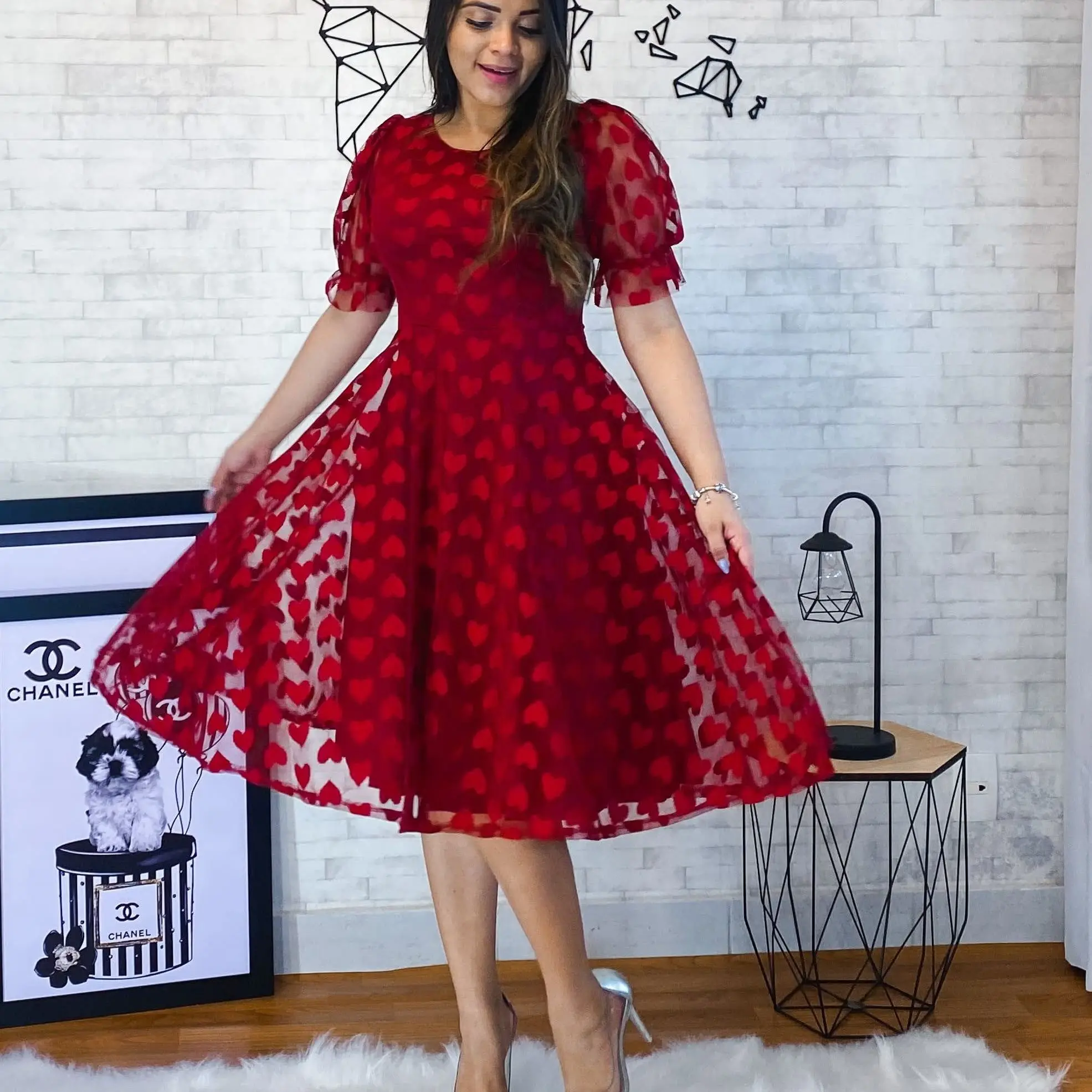 Vestido gode tule manga bufante (ROSA, PRETO, VERMELHO, AZUL CLARO