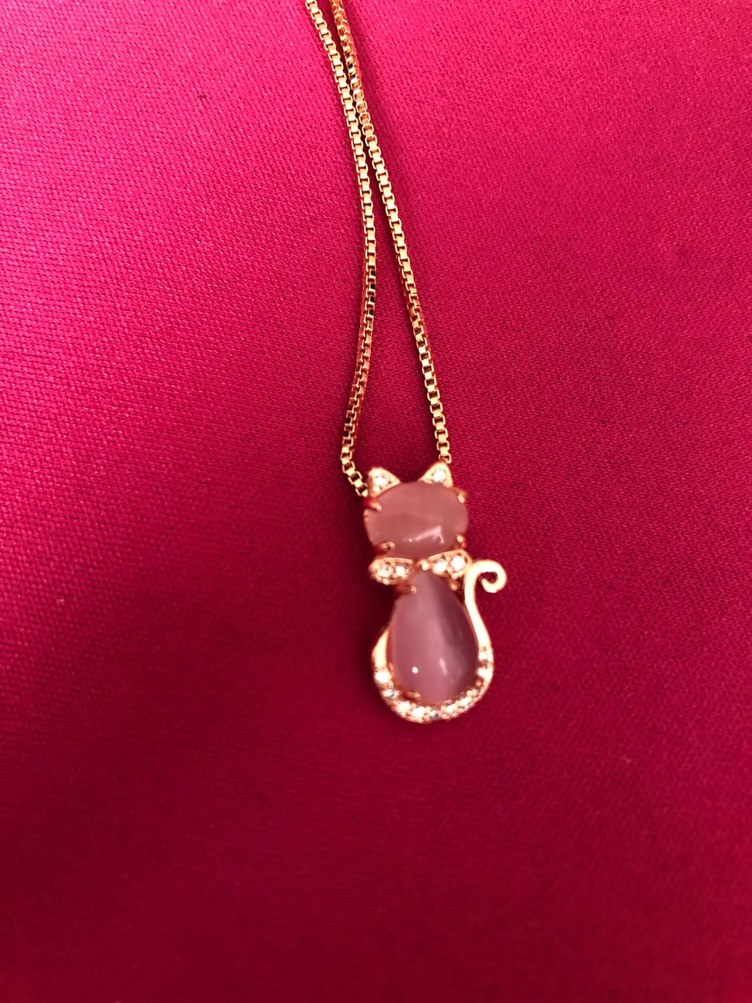 Cute Cat opal stone chain necklace in pink. Embellished pendant necklace for positive energy | Loli the Cat