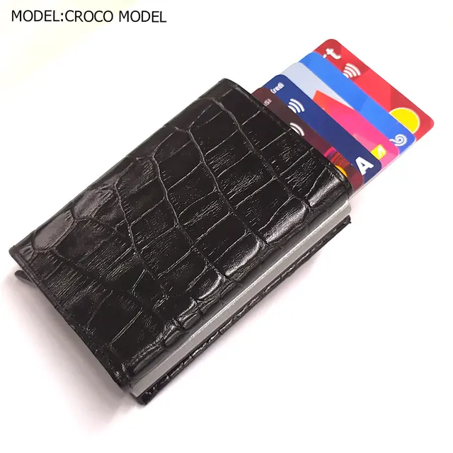 Smart Wallet Business Card Holder Real Cow Leather Handmade Smart Automatic Card Holder Men Gift Croco Black
