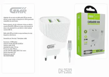 

Cargador USB Dual 5V 2.4A 12W Carga Rápida 100V / 240V Cable MicroUSB 100cm