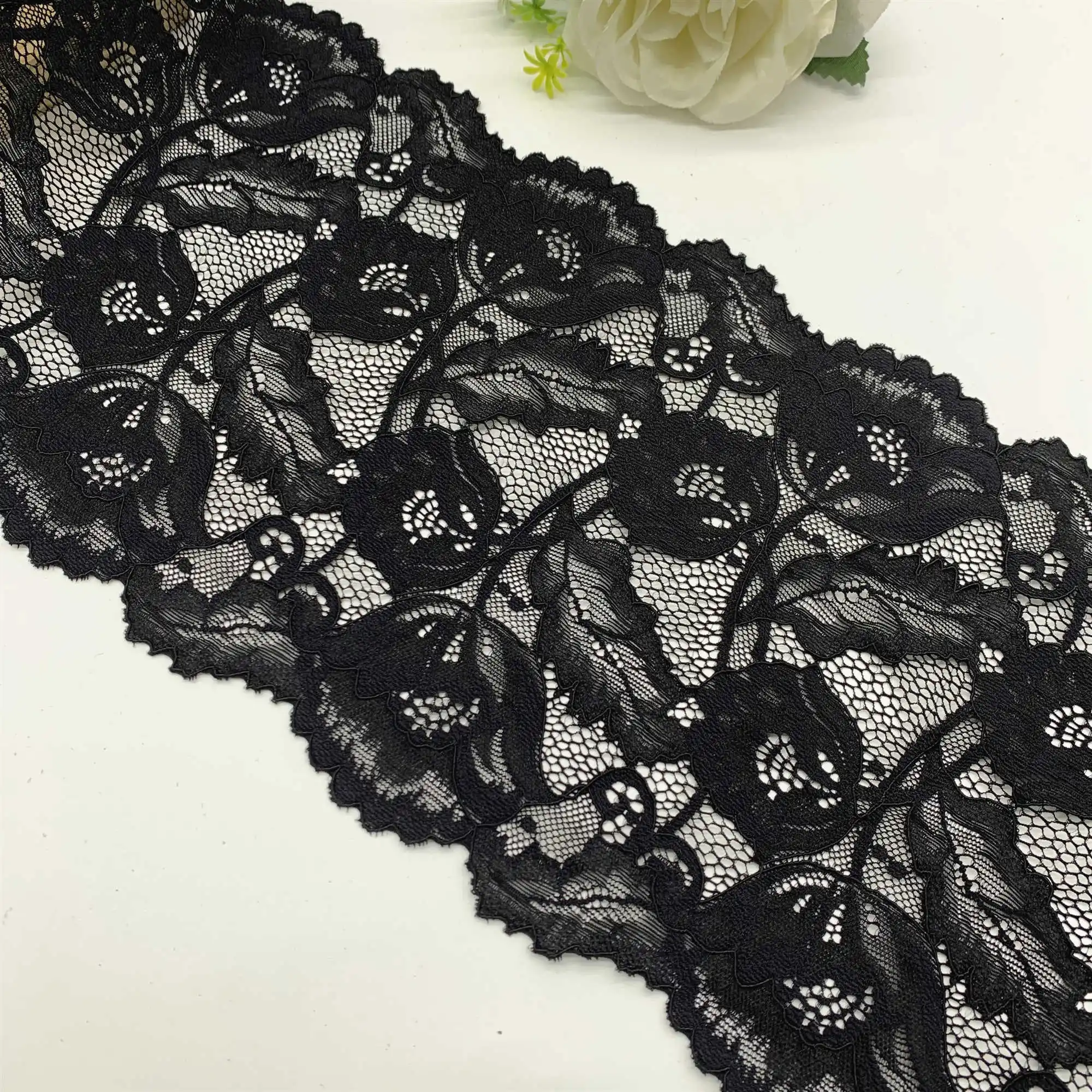 3y/lot Width 18.50cm Floral Stretch Lace Trims Black 4