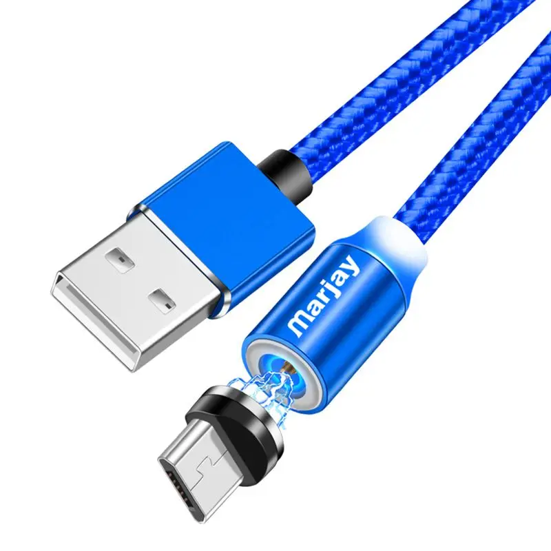Магнитный зарядный кабель Marjay, 1 м, кабель Micro USB для iPhone XR XS Max X, магнитное зарядное устройство, usb type C, светодиодный кабель для зарядки - Цвет: Blue Micro Cable