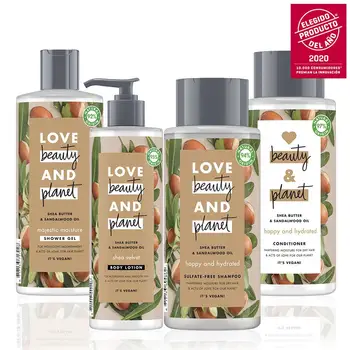 

LOVE BEAUTY AND PLANET Set sampoo, conditioner, shower Gel and body lotion vegan shea butter and sandalwood
