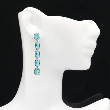 

43x5mm SheCrown Deluxe Long Created Rich Blue Aquamarine Gift For Woman's Silver Earrings