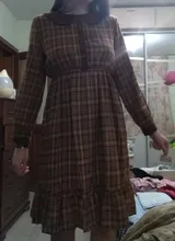 Plaid Dress Peter-Pan-Collar Long-Sleeve Autumn-Style Mori-Girl Cute Kawaii Fashion Lady