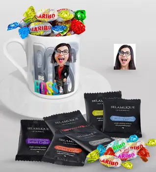 

Personalized Women 'S Big Boss Caricature Of Turkish Coffee Cup Selamlique Mixed Turkish Coffee house And Haribo Candy Gift Seti-1