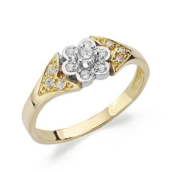 

Gold ring two-tone 18k flower center carved details zircons girl First Communion