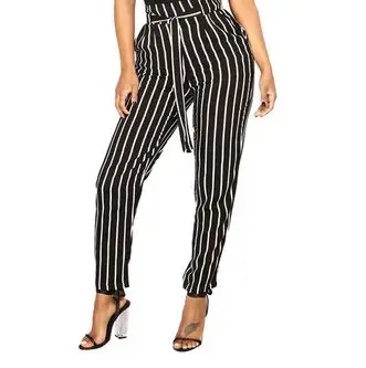 

LIS0846 Black and White Casual Drawstring m002 Waist Striped High Waist Tapered Carrot Pants Summer