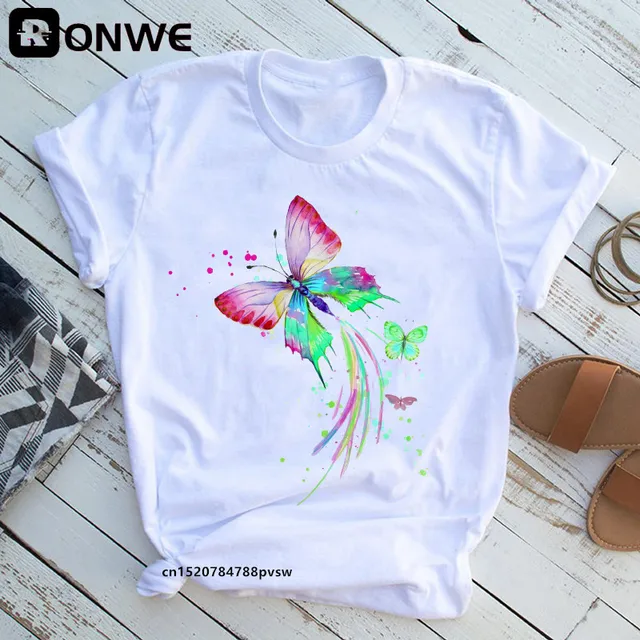 Woman Butterfly Tree Print Harajuku Summer Tshirts Casual Round Neck Short Slee Top Tee Shirt,Drop Ship B2021-1