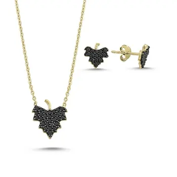 

Angemiel 925 Silver Black Zircon Stone Sycamore Leaf Set-Gold Plated