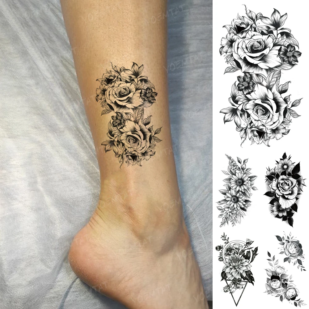Tatouage Femme Cheville Rose Autocollant de tatouage temporaire, imperméable, fleur Rose, pivoine,  henné, Flash, femme, Sexy, cheville, bras, Art corporel, faux tatou, homme  | AliExpress