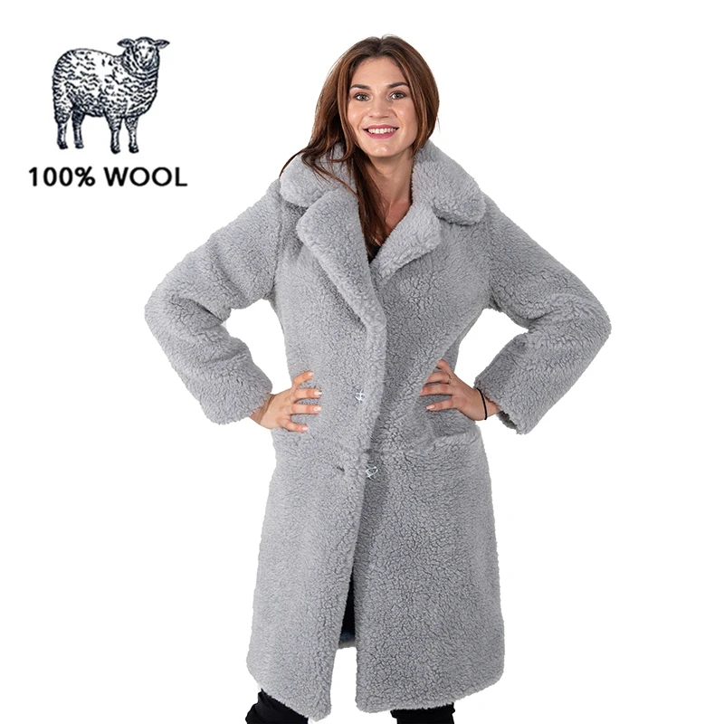 Ecoshubka Classic 100 cm color gray fur coat female from natural sheep wool on buttons casual women furry waistcoat ewe warming clothes |