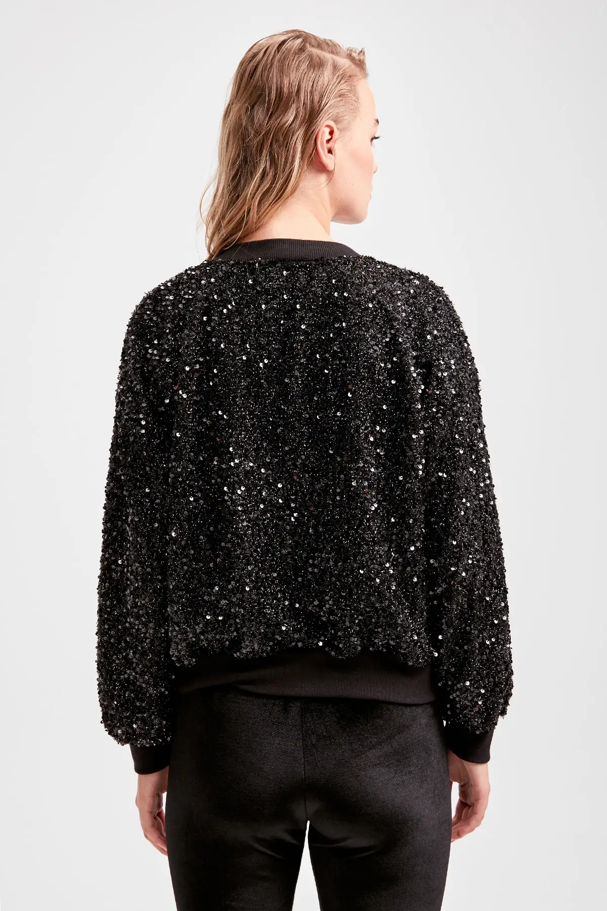 Trendyol черный с блестками спереди молния трикотажные толстовки куртка TWOAW20SW0471