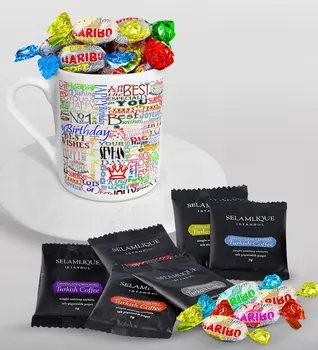 

Personalized Happy Birthday Turkish coffee Cup Selamlique Mixed Turkish Coffee House and Haribo Candy Gift Seti-2