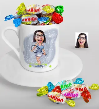 

Personalized Women 'S Tennis Player Caricature Of Turkish Coffee cup And Haribo Candy Gift Seti-1