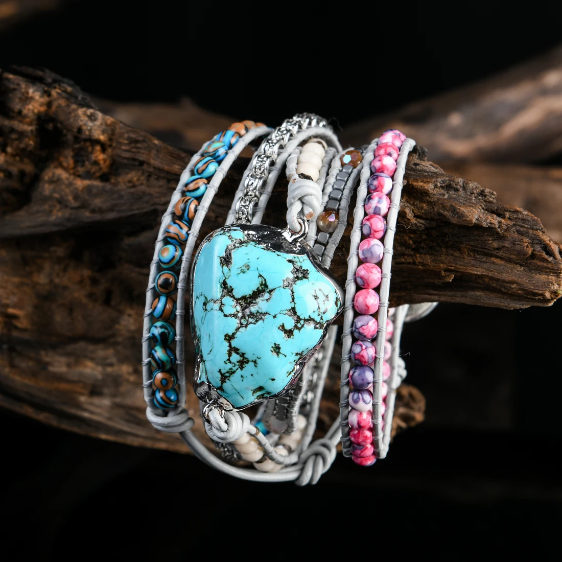 5X Leather Wrap Bracelet W/ Natural Stones Chain Beaded Strand Bracelet Boho Jewelry Dropshipping Wholesale