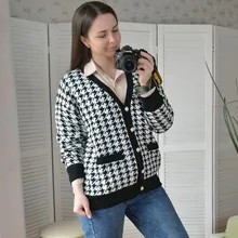 FSDA-suéter de manga larga con cuello de pico para mujer, cárdigan negro con botones y pata de gallo, de punto, holgado, de gran tamaño, informal, otoño e invierno, 2020