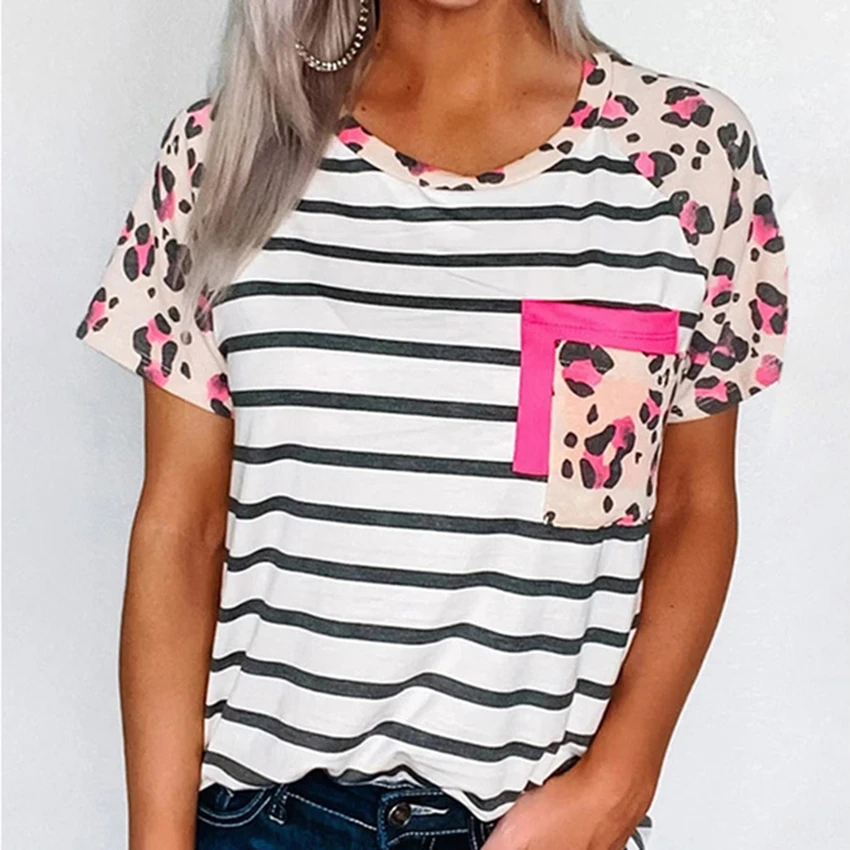 Leopard Striped T-shirt Summer O-neck Short Sleeve 2020 Women Casual Tops Tee Shirts Female Raglan sleeve Top Lady Streetwear | Женская