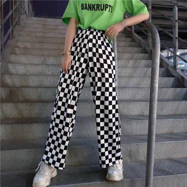 Pantalones cuadros blancos y negros para mujer, moda urbana coreana INS Harajuku BF, pantalones de rejilla Grunge - AliExpress