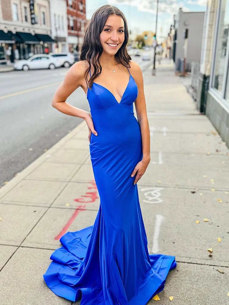 Mermaid Royal Blue Sexy Backless Long Prom Dress Sleeveless Mermaid Hidden Straps Formal Party Dress Bra Cups 2022 New hot pink prom dress