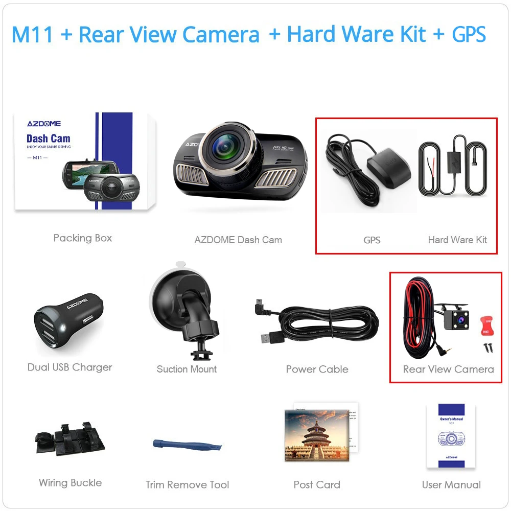 AZDOME M11 Dash Cam DVR 24H монитор парковки автомобиля камера мини Dashcam двойной объектив ночного видения Поддержка gps 1080P - Название цвета: M11-RVC-HWK-GPS