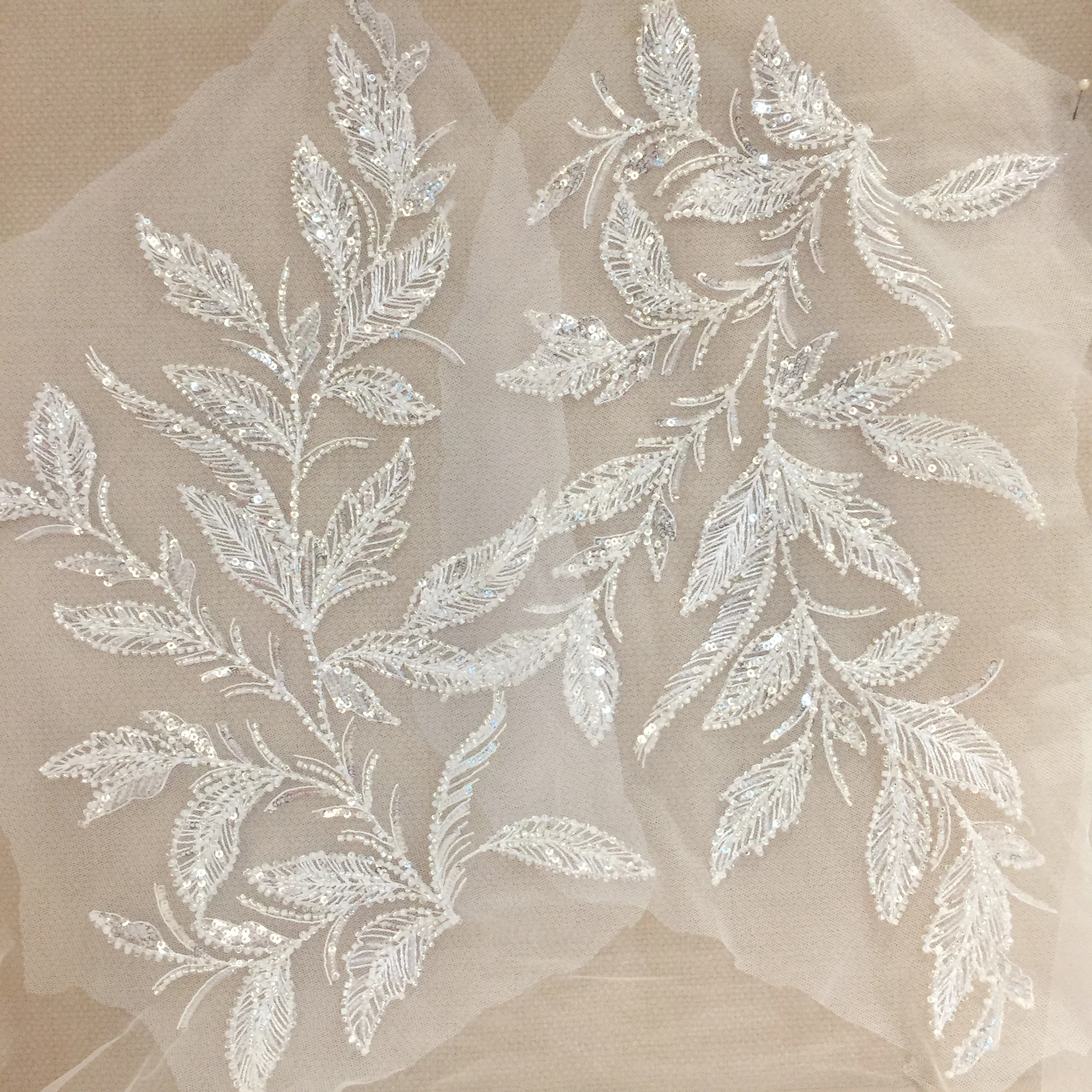 7.5"x2.75" Ivory Bridal Beaded Sequins Embroidery Motif Applique by Pair 