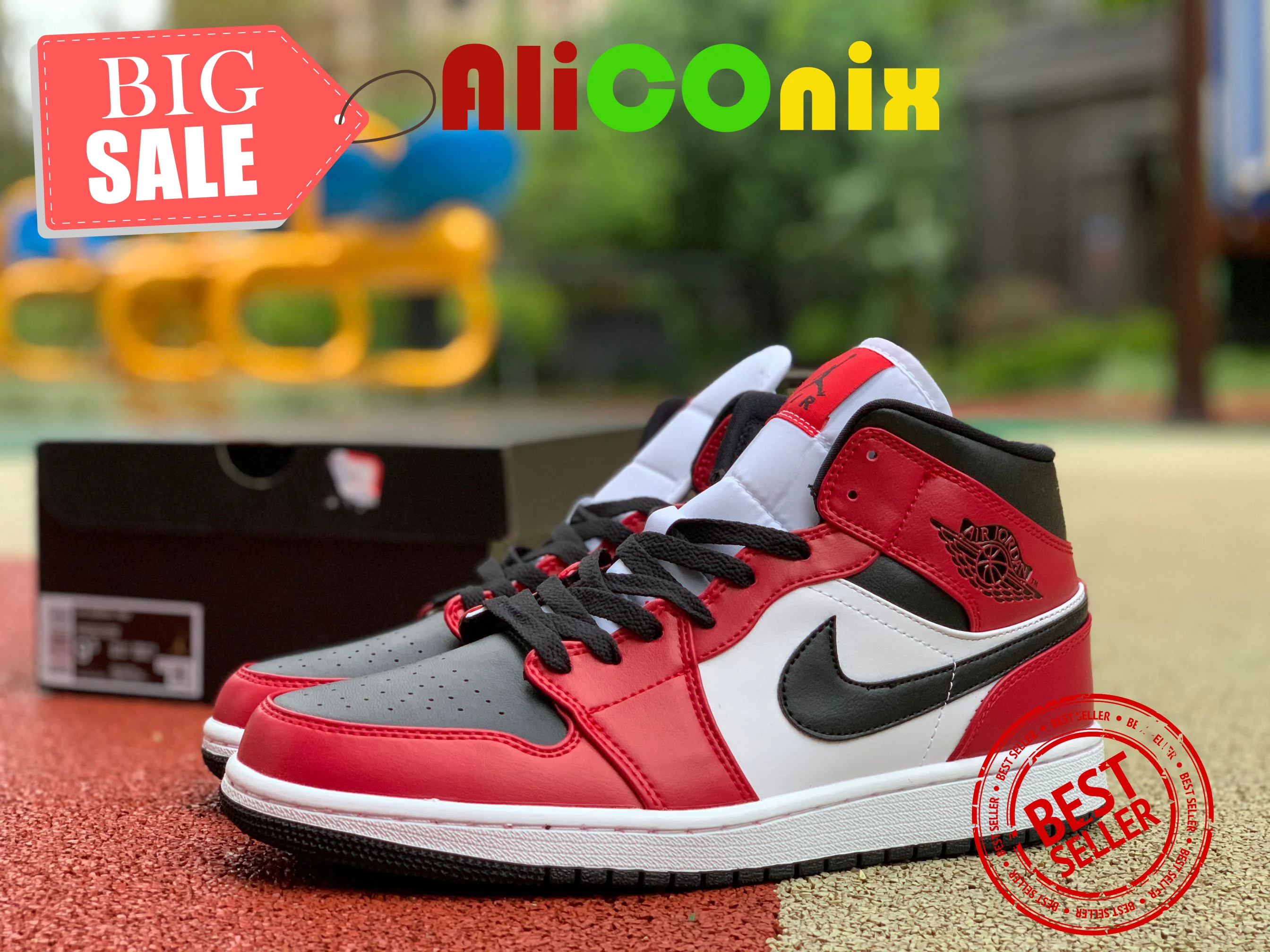 Air Jordan 1 Mid AJ1 Little Chicago черный и красный носок Размер 36-46 |