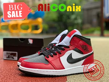 

Air Jordan 1 Mid AJ1 Little Chicago Black and Red Toe Size 36-46