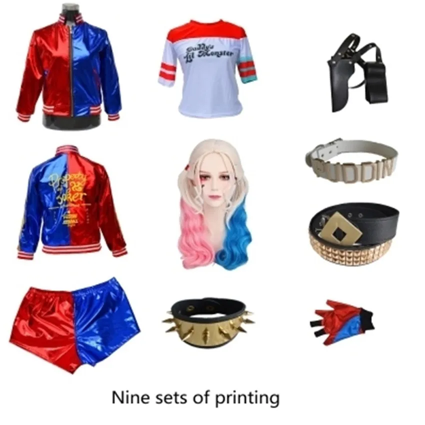 Suicide Cosplay Costumes Quinn Squad Harley Monster T Shirt Coat Jacket Pants Bracelet Belt Necklace Gloves Accessories Full Set |