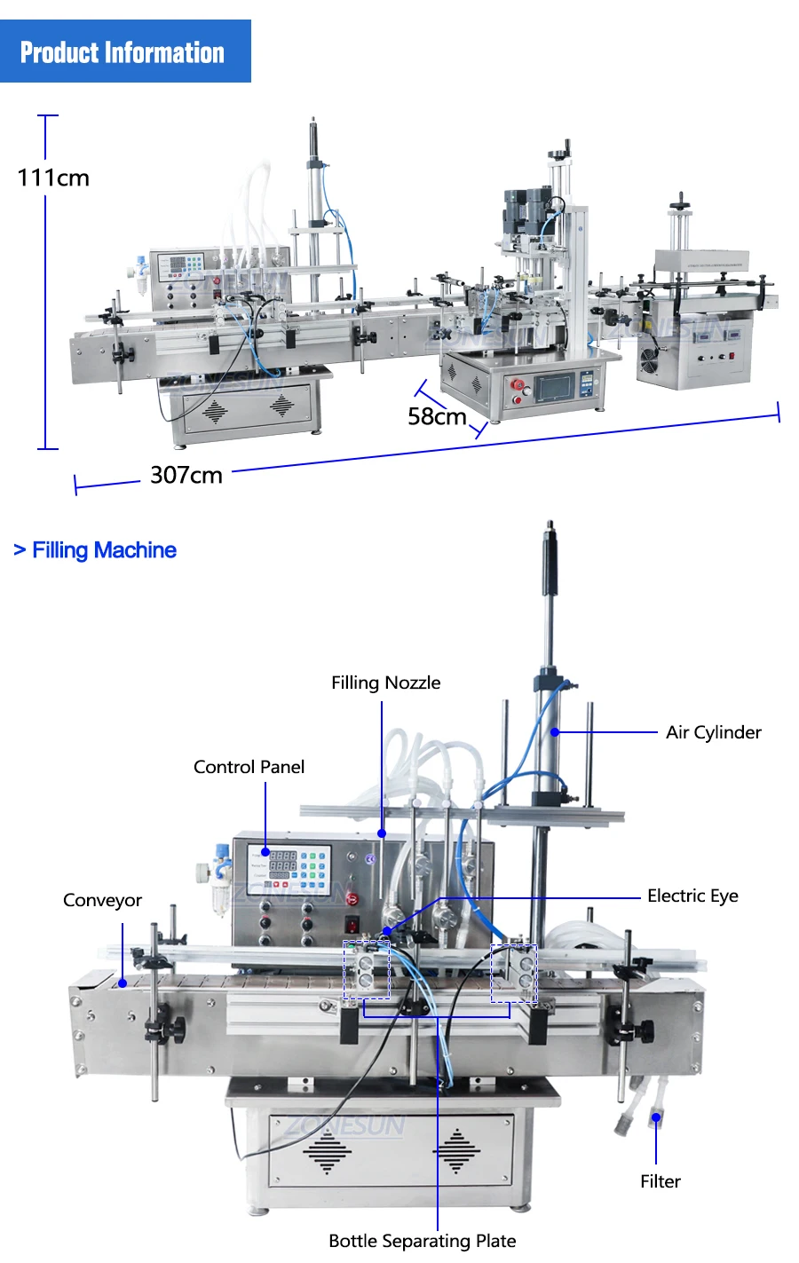 ZONESUN ZS-FAL180S Tabletop 4 Diving Heads Liquid Filling Capping Sealing Production Line