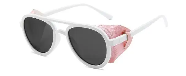 white pink Винтажные Ретро стимпанк Овальные Солнцезащитные очки мужские черные оправы съемные кожаные боковые защитные солнцезащитные очки мужские большие тени Occhiali UV - Цвет линз: white pink