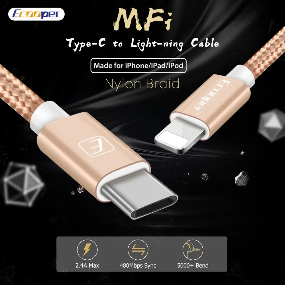 

Ecooper MFi Certified Type-C to Light-ning Filamentous Braided Cable 2.4A for iPhone X XS XR XS MAX for iPad for iPod Super Fast