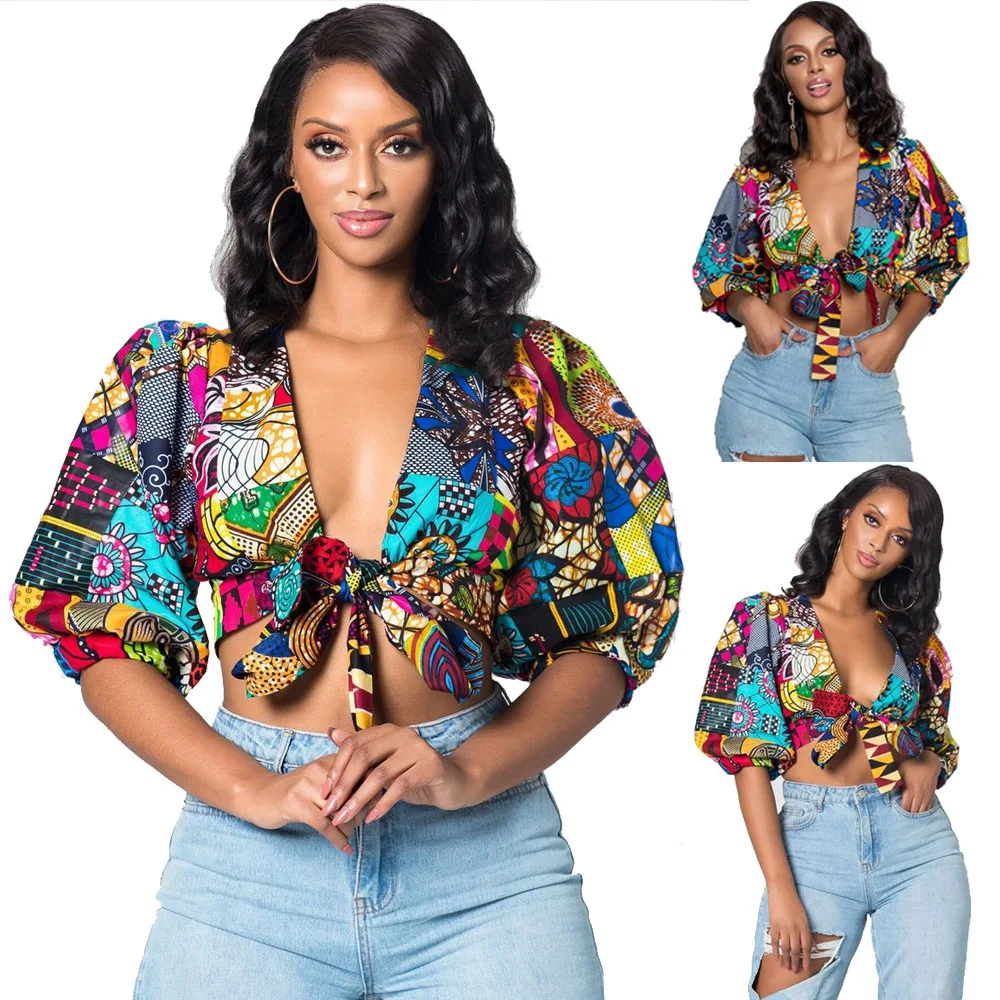 

Floral Print Blouse Women Deep V Neck Bandage Bow Tie Streetwear Party Half Lantern Sleeve Vest Tops Shirt Blouse Crop Tops
