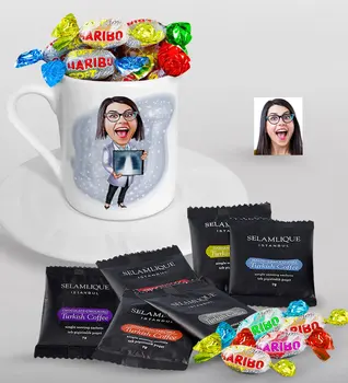 

Personalized Women 'S Radyolojist Caricature Of Turkish Coffee Cup Selamlique Mixed Turkish Coffee house And Haribo Candy Gift Seti-1