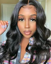 Barato 180 densidad de la Peluca de la onda del cuerpo transparente pelucas de encaje de la onda del cuerpo de la peluca con malla frontal 28 pulgadas T parte brasileño ondulado Peluca de cabello humano