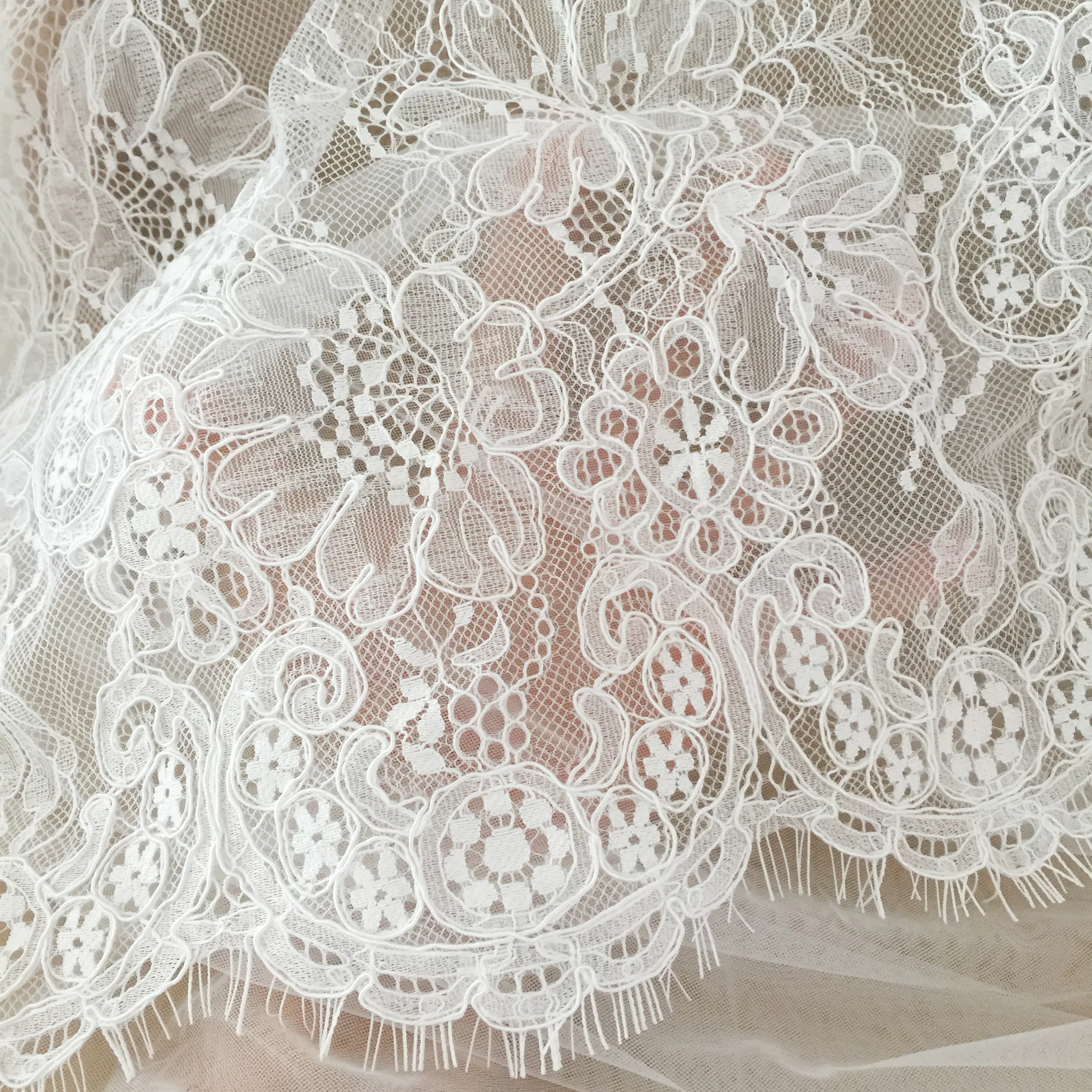 

3 Yards French Made Fine Geometric Couture Alencon Embroidery Lace Fabric at 150cm wide, Couture Wedding Gown Fabric