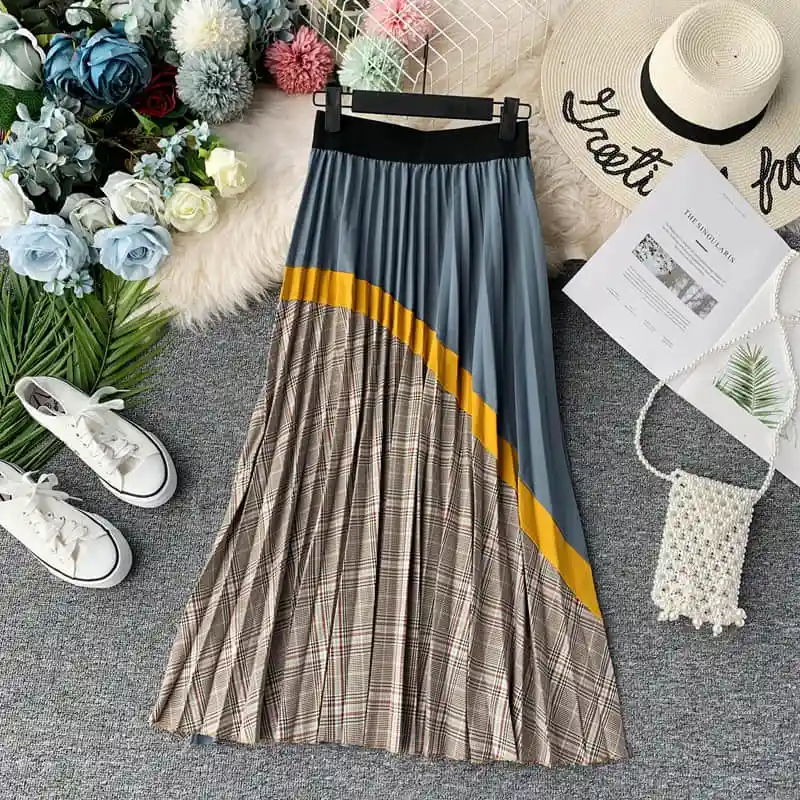 autumn Plaid High Waist Vintage Long Skirt Autumn Winter Bottoms Long Skirts A-line Patchwork Panelled Pleated Skirts - Цвет: Синий