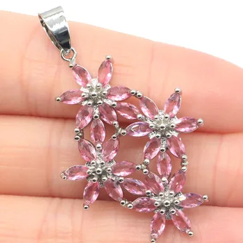 

48x26mm Luxury Long Flowers Shape Created Pink Tourmaline CZ Gift For Sister Silver Pendant