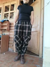 Pantalones harén de cintura elástica para mujer, pantalón holgado Vintage de algodón y lino a cuadros, estilo artístico, de talla grande, para primavera y verano, D414