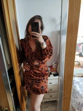 Short Dress Bow-Puff V-Neck Long-Sleeve Drawstring Ruffled Sexy Hollow-Out Mini Women